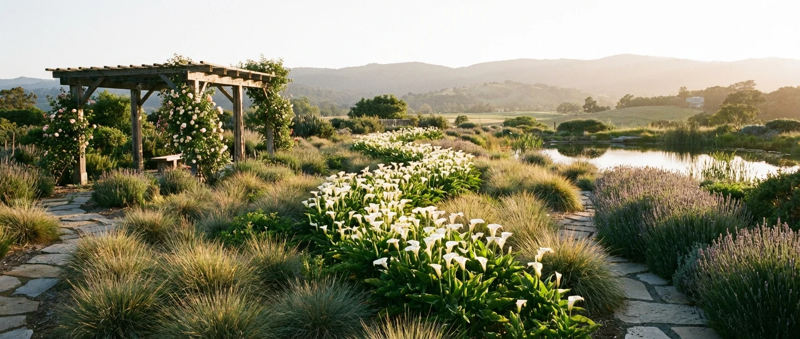 A peaceful garden landscape featuring blooming calla lilies at sunset.