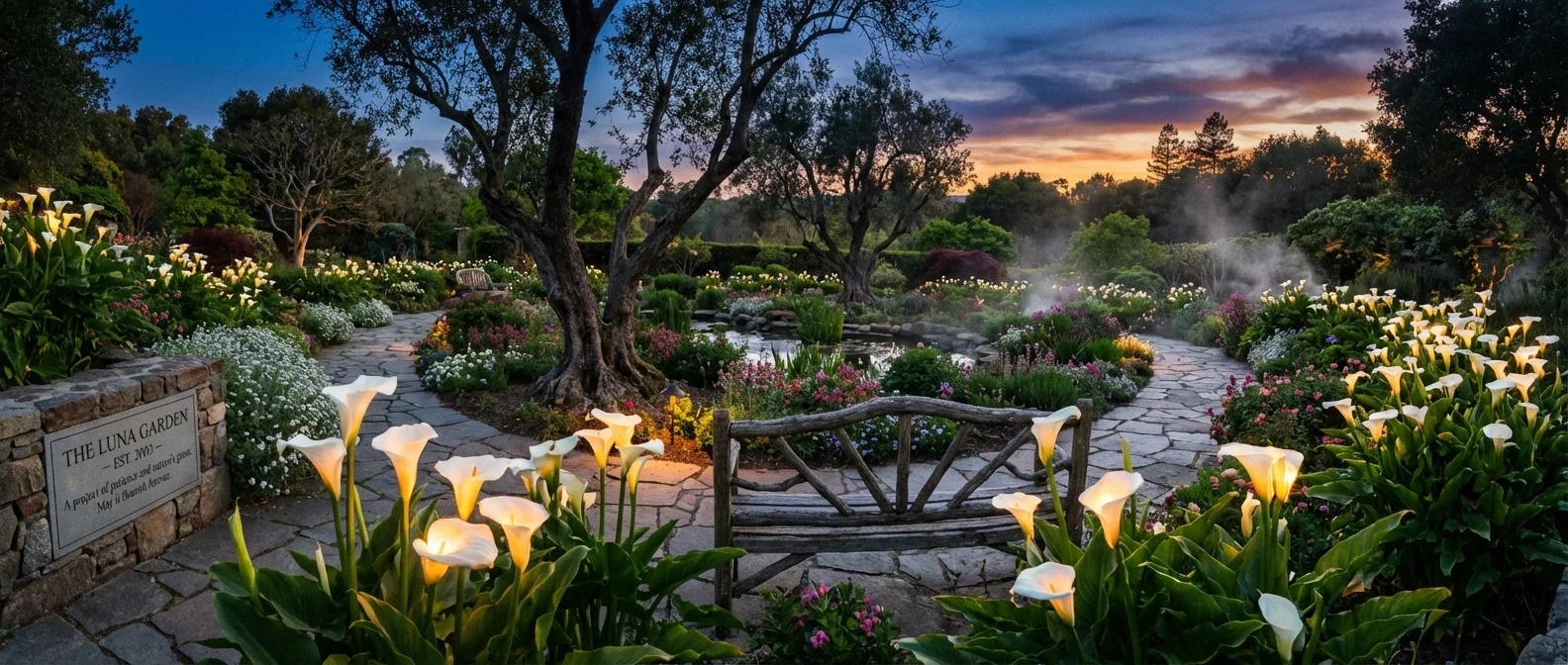 A peaceful garden scene at dusk featuring blooming Calla Lilies.