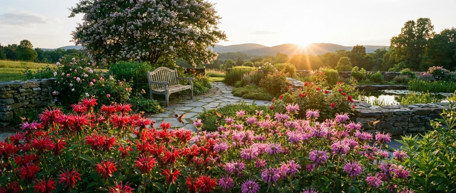 A peaceful garden scene with blooming Bee Balm at sunset.