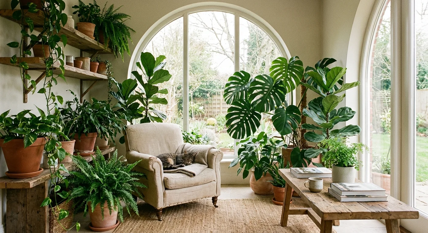 A peaceful indoor garden nook with lush plants and natural light.