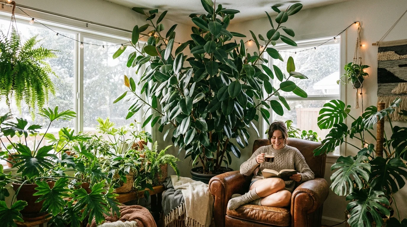 A peaceful indoor scene with a thriving rubber plant and a person relaxing.