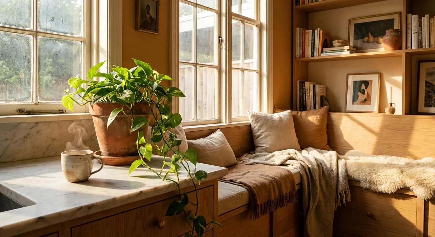 A peaceful kitchen scene with coffee and a pothos plant in soft morning light, showing the tranquil side of culinary spaces.