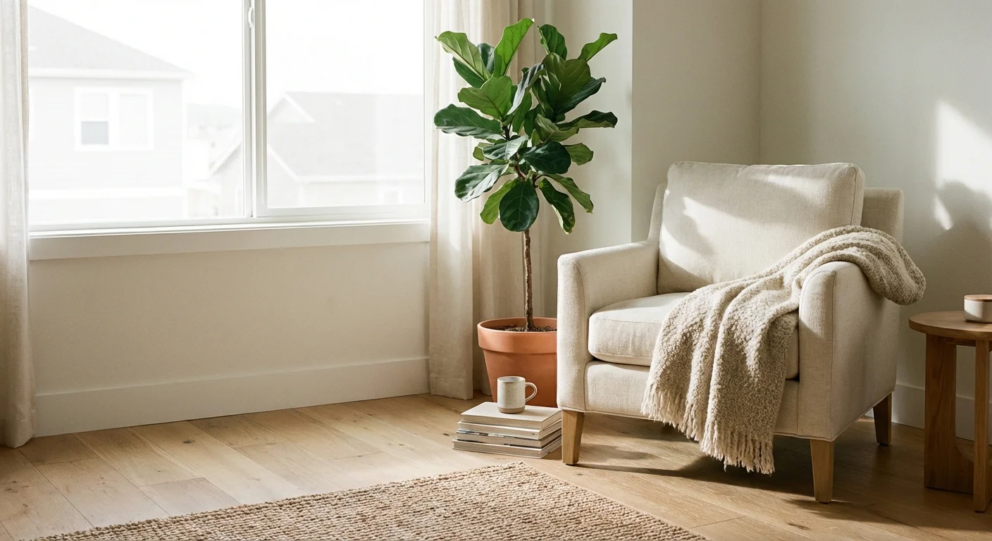 A peaceful reading nook with a linen chair and a large green plant in a clean, sun-drenched room.