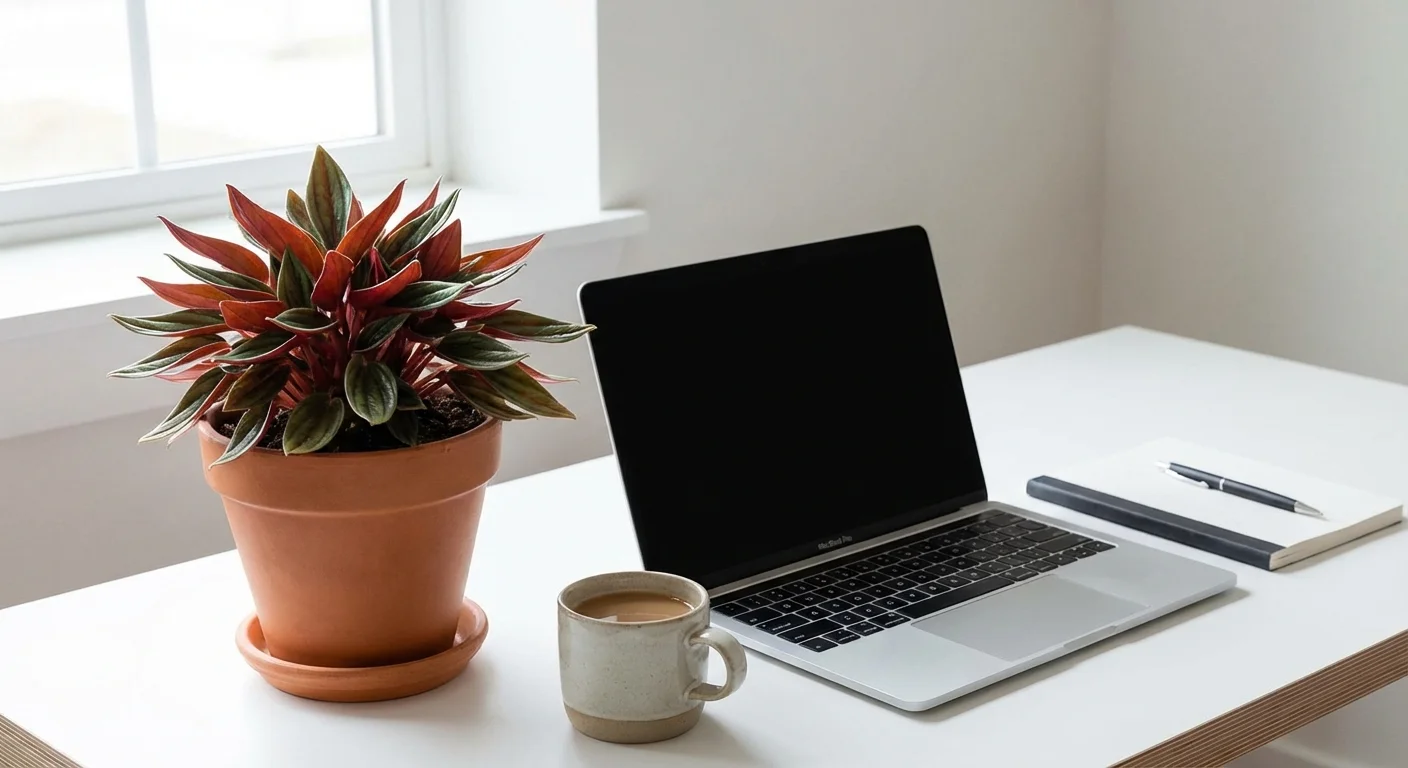A Peperomia Rosso plant on a modern desk, enhancing the workspace.