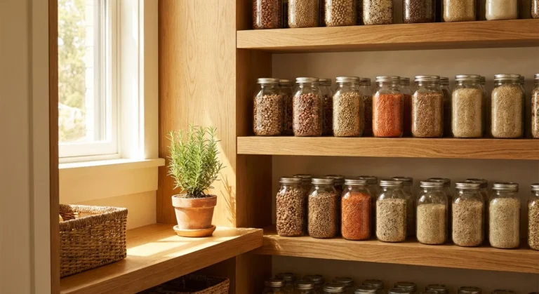 A perfectly organized pantry with glass jars of staples on oak shelves, featuring a small green plant and soft natural lighting.