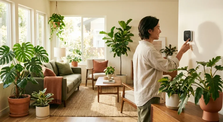 A person adjusting a smart thermostat in a bright, plant-filled living room with warm sunlight.