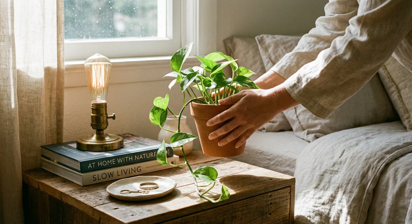 A person arranging plants on a nightstand, showcasing easy DIY bedroom upgrades.