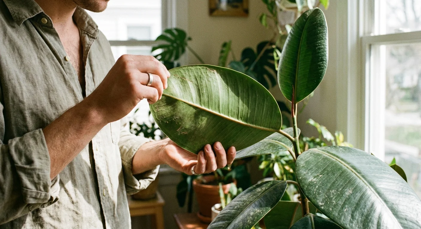 A person carefully examining a rubber plant leaf for health and pests.