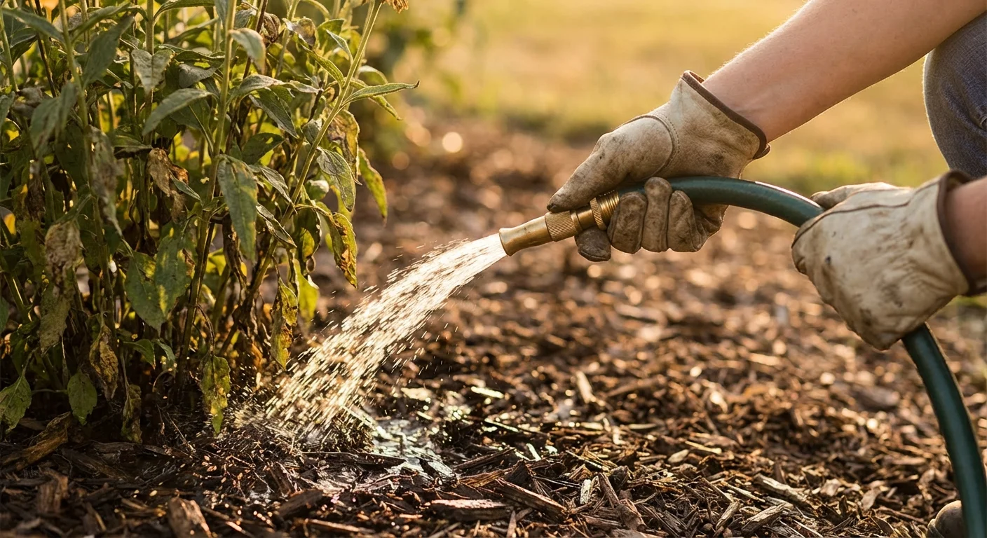 A person carefully watering plants at the root level during a warm afternoon.