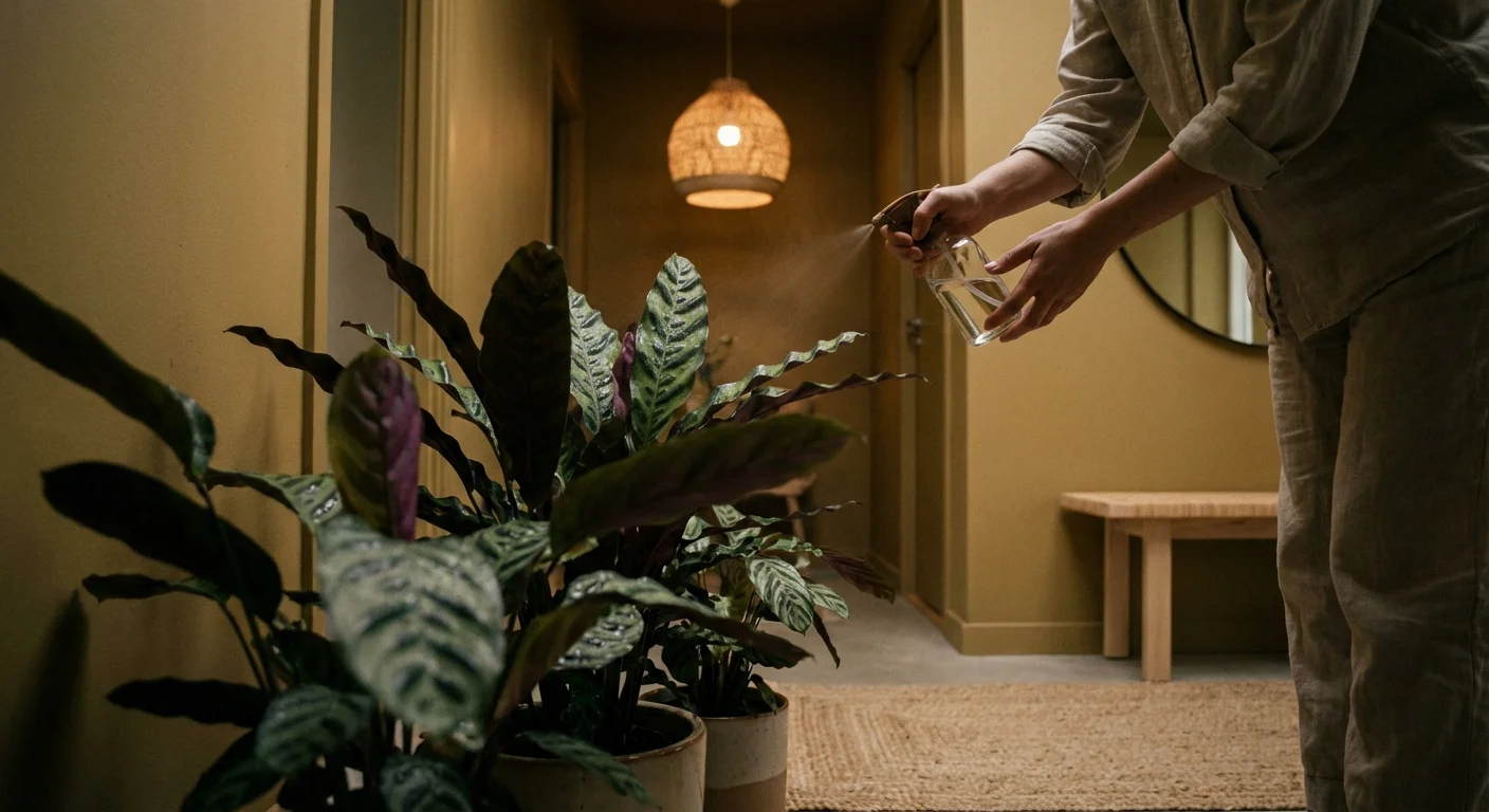 A person caring for a peacock plant in a stylish, dimly lit hallway.