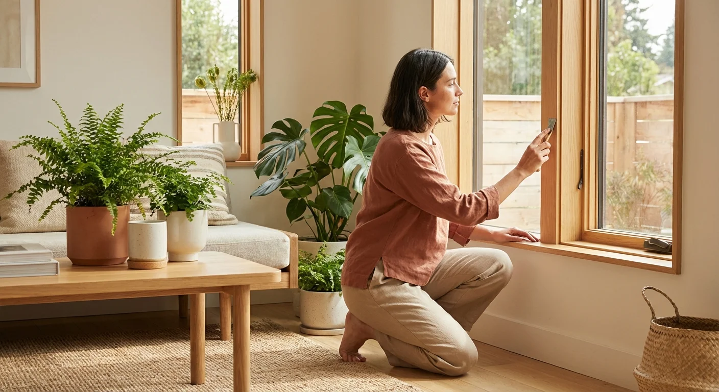 A person checking a window for moisture and air quality in a clean, modern home.
