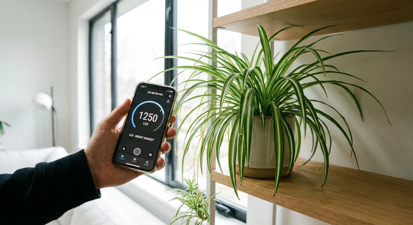 A person checking light levels for a spider plant using a smartphone.