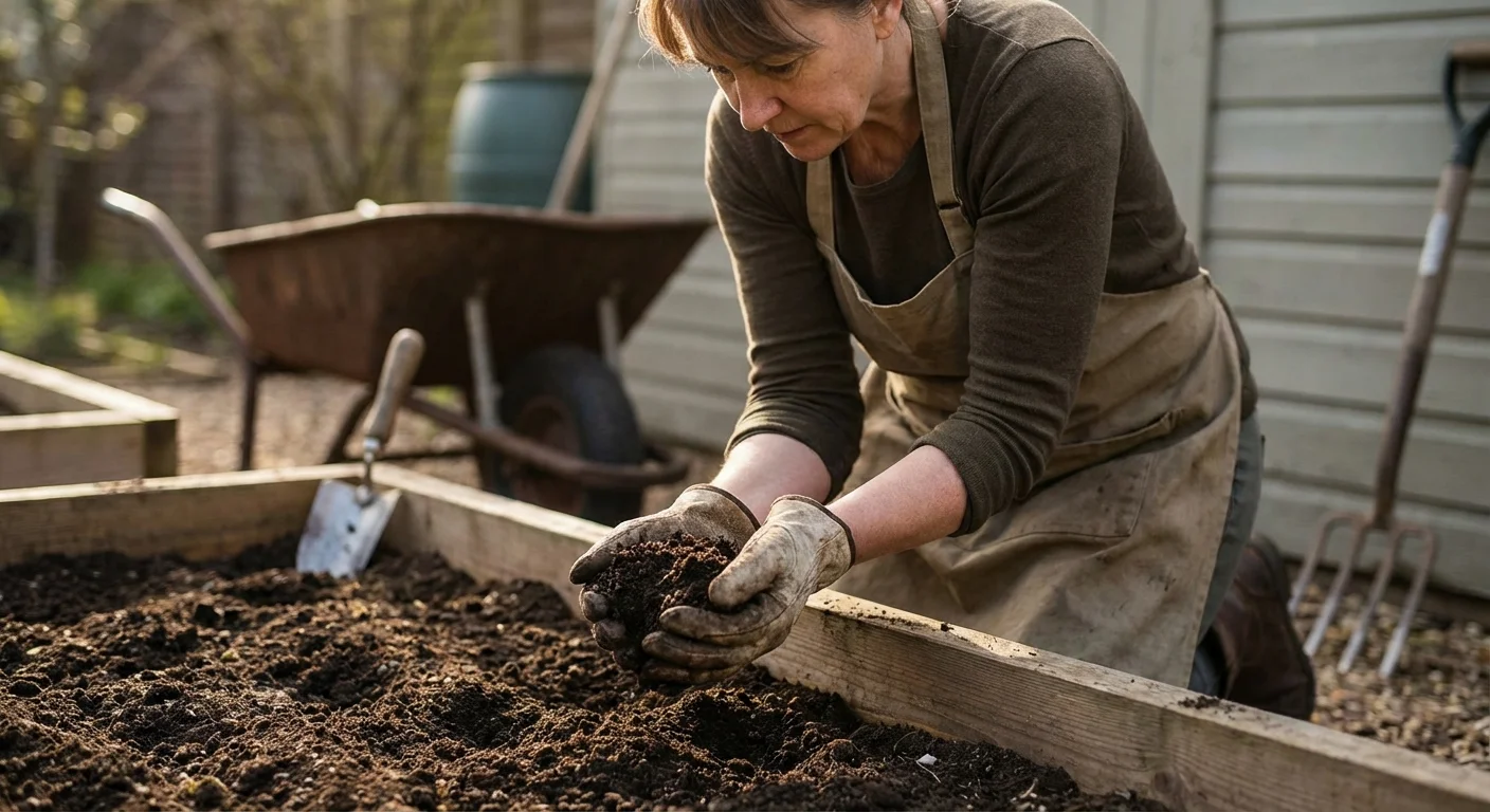 A person checking soil quality in a garden bed.