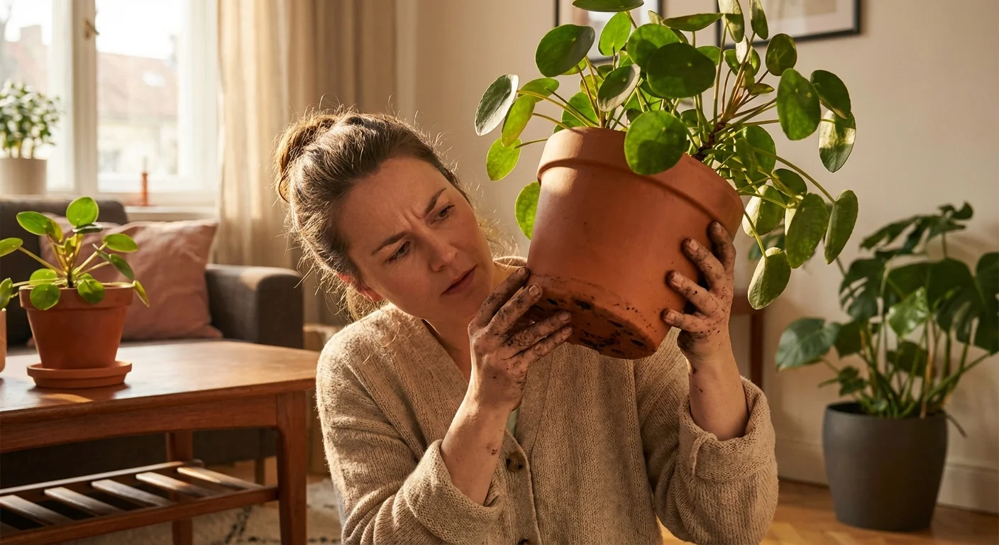 A person checking the bottom of a plant pot for drainage and moisture.