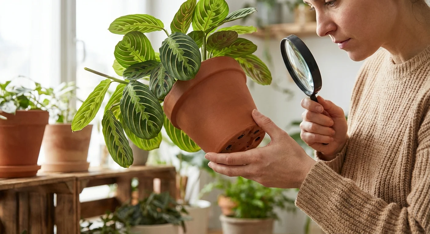 A person checking the drainage holes of a plant pot to ensure health.
