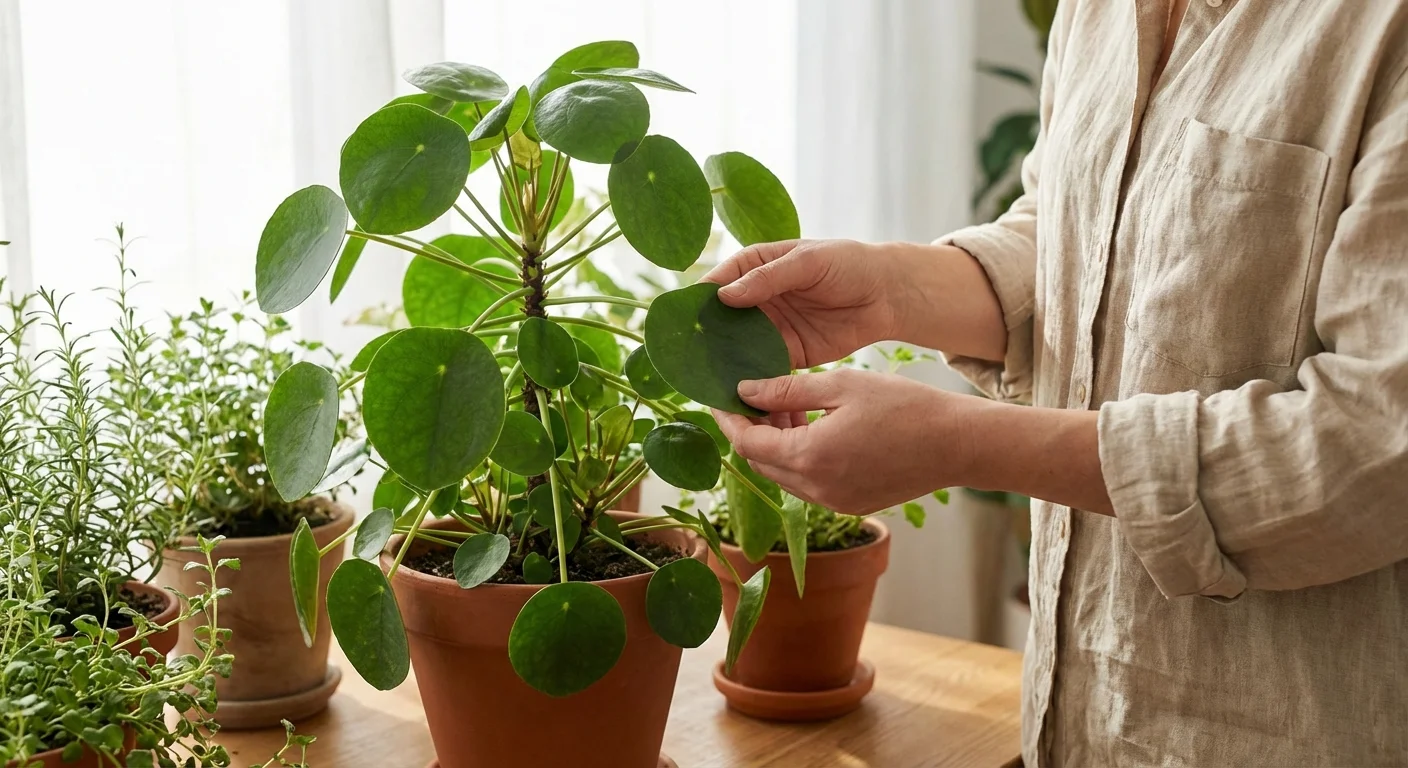 A person checking the health and symmetry of a thriving Pilea plant.