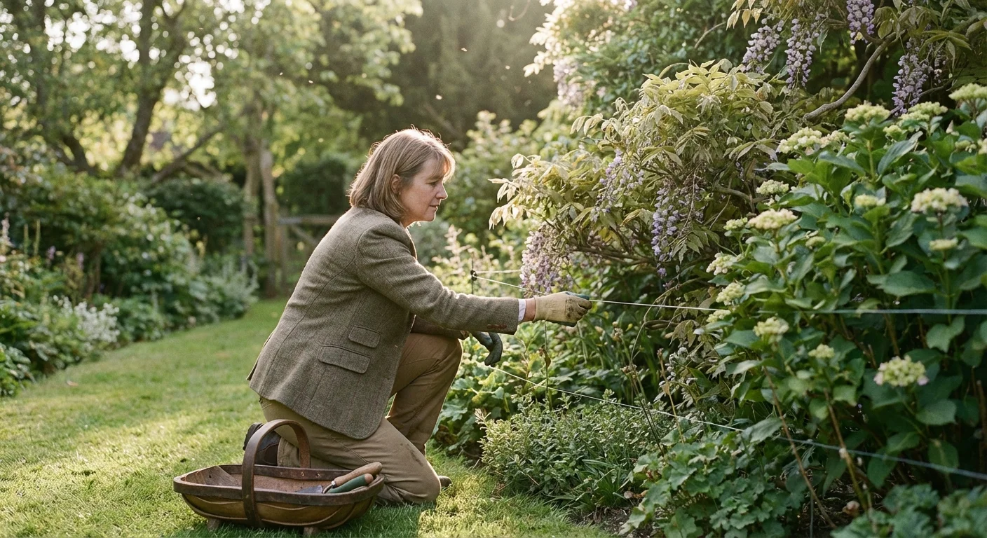 A person checking the integrity of a garden fence to ensure it remains effective against deer.