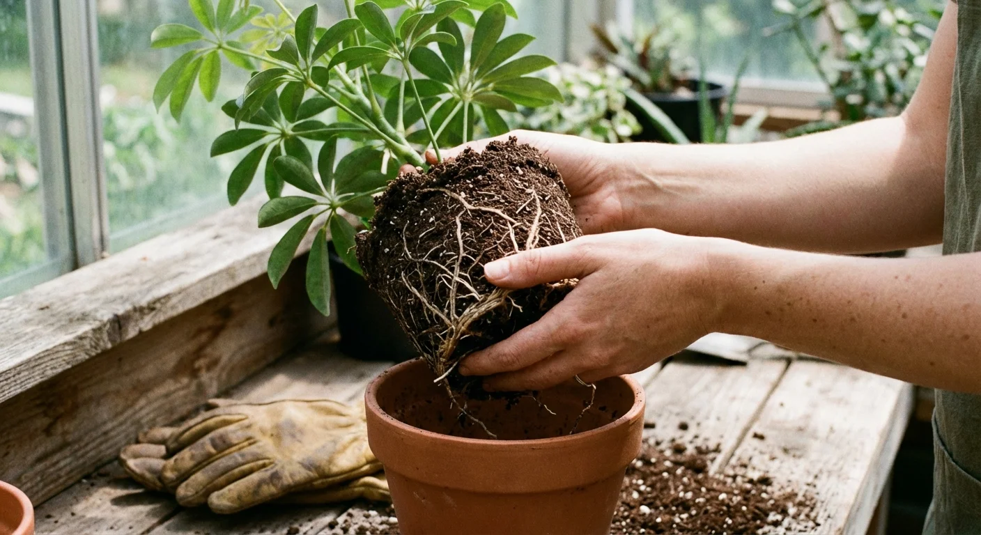 A person checking the roots of an Umbrella Plant by gently lifting it from its pot.