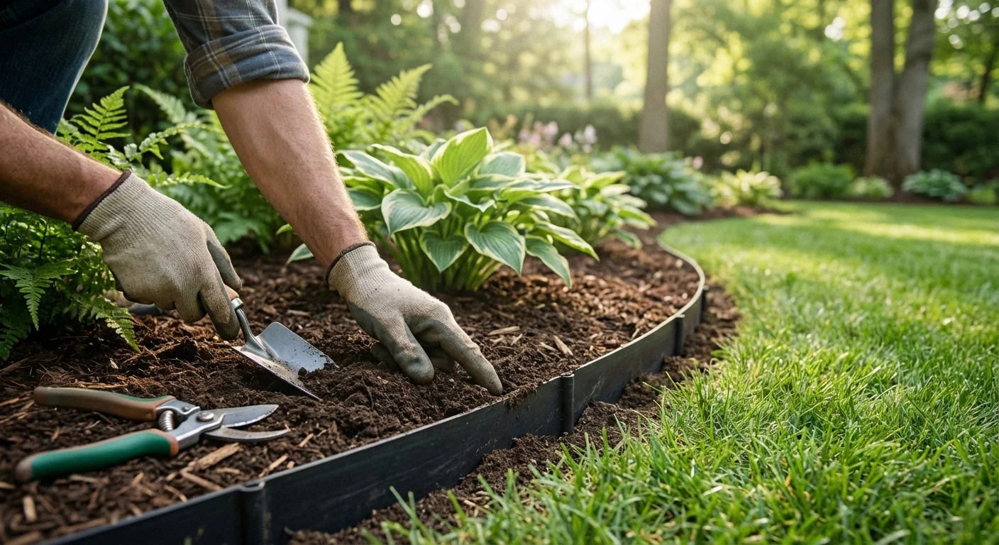A person checking the soil and root barrier near the base of a house.