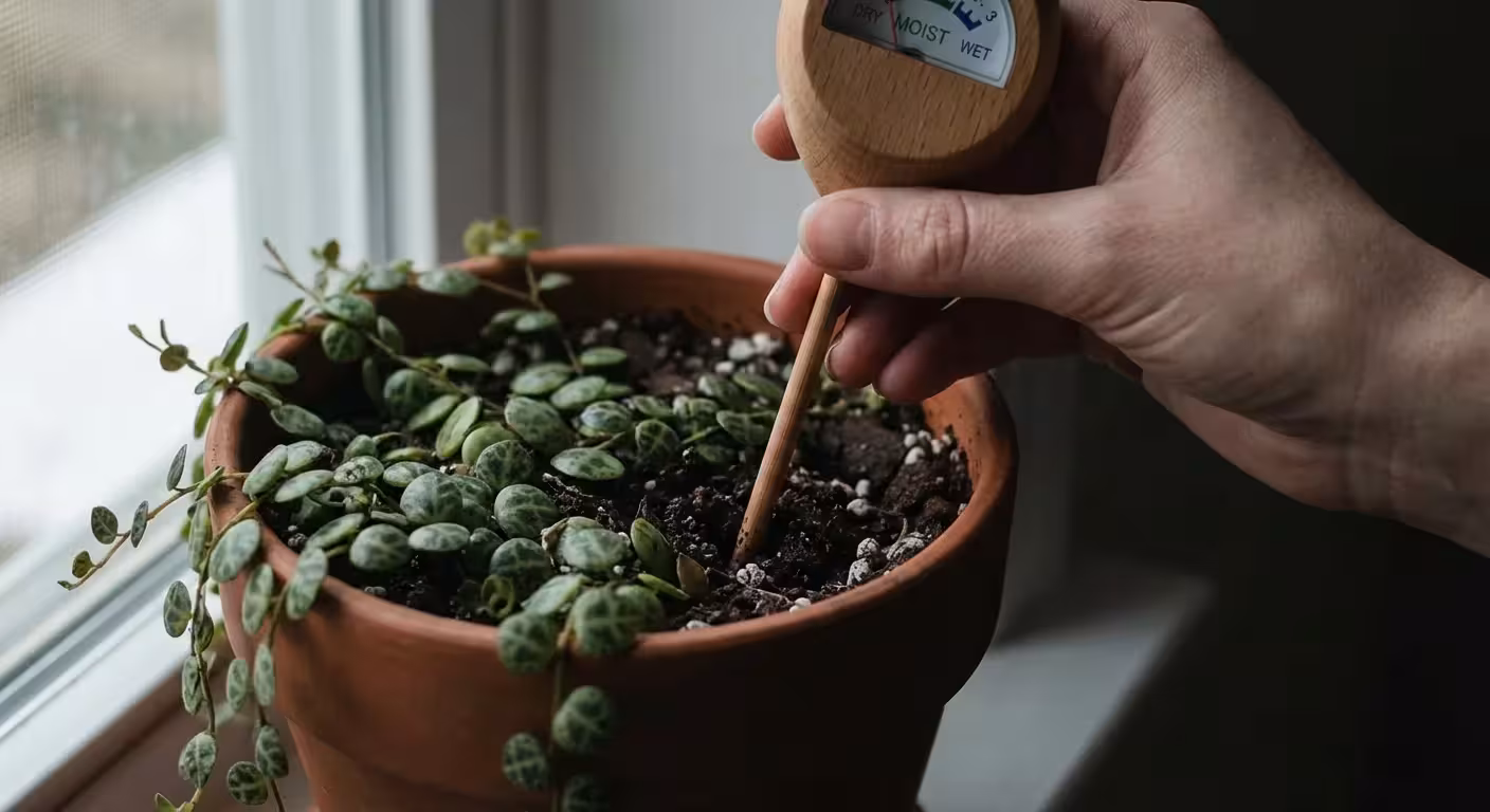 A person checking the soil moisture of a houseplant to ensure proper care.