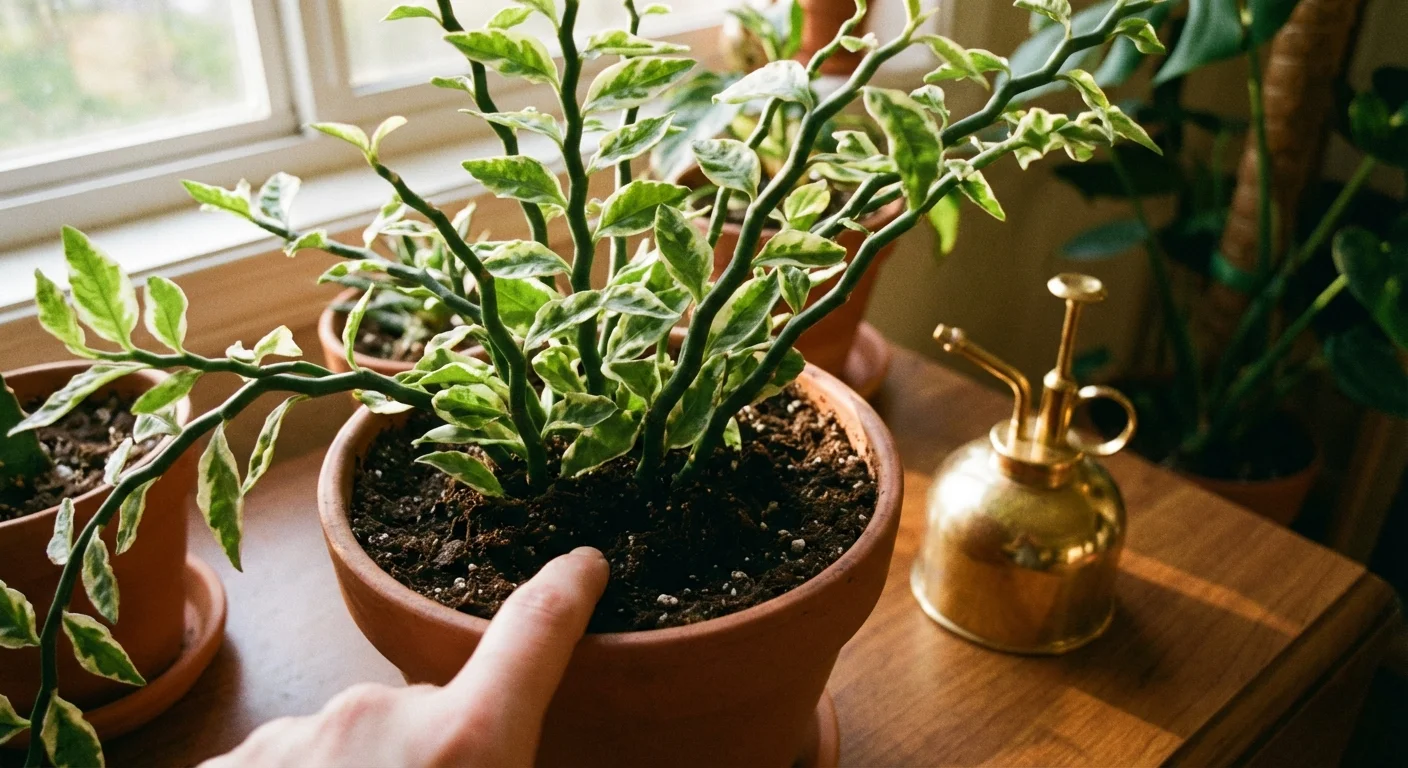 A person checking the soil moisture of a houseplant with their finger.