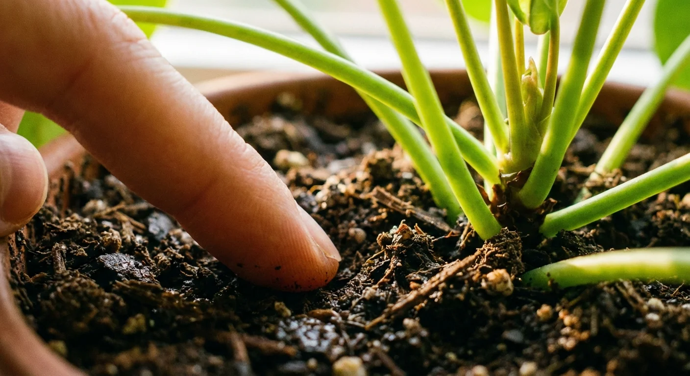 A person checking the soil moisture of a Pilea plant with their finger.