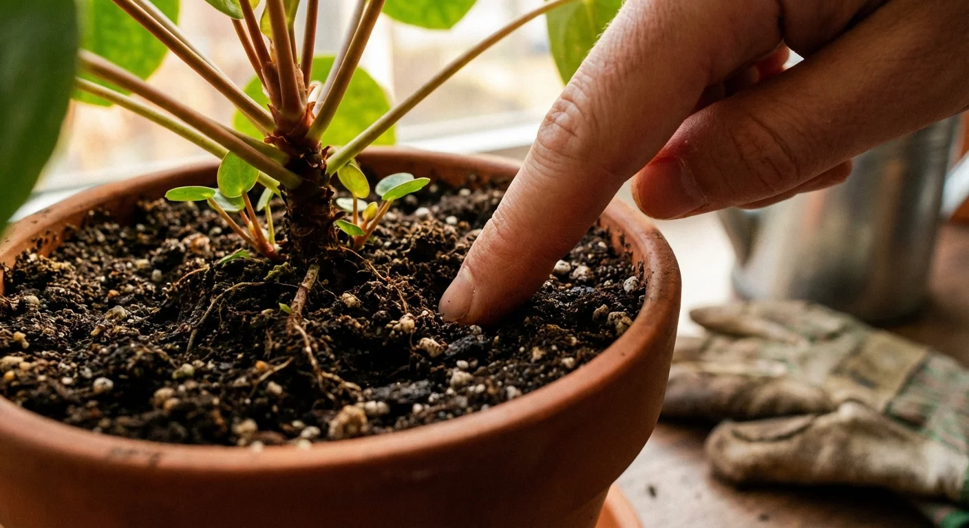 A person checking the soil moisture of their plant with a finger.