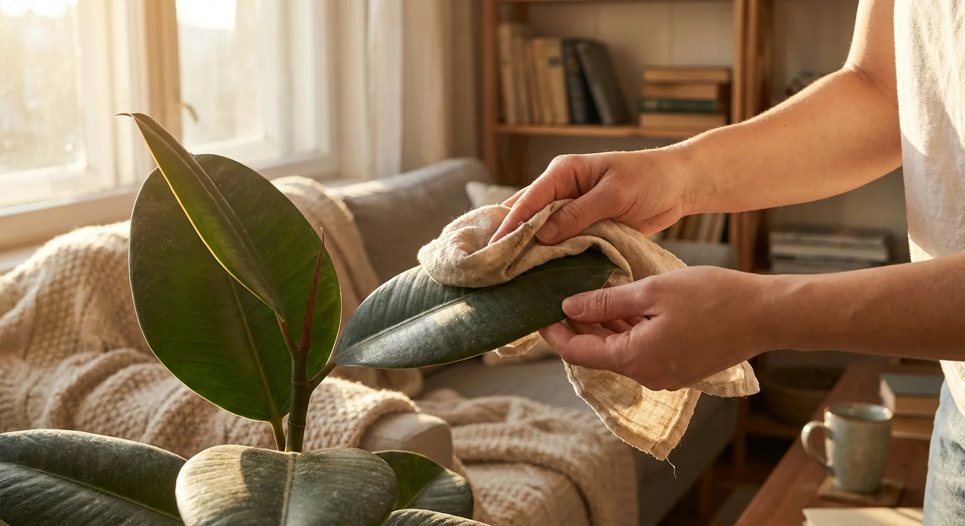 A person cleaning the leaves of a rubber plant with a soft cloth.