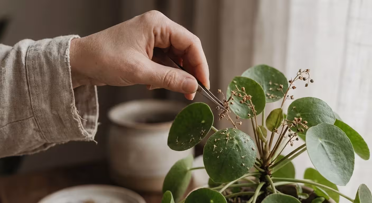 A person cleaning up spent flowers from a Chinese Money Plant to maintain its health.