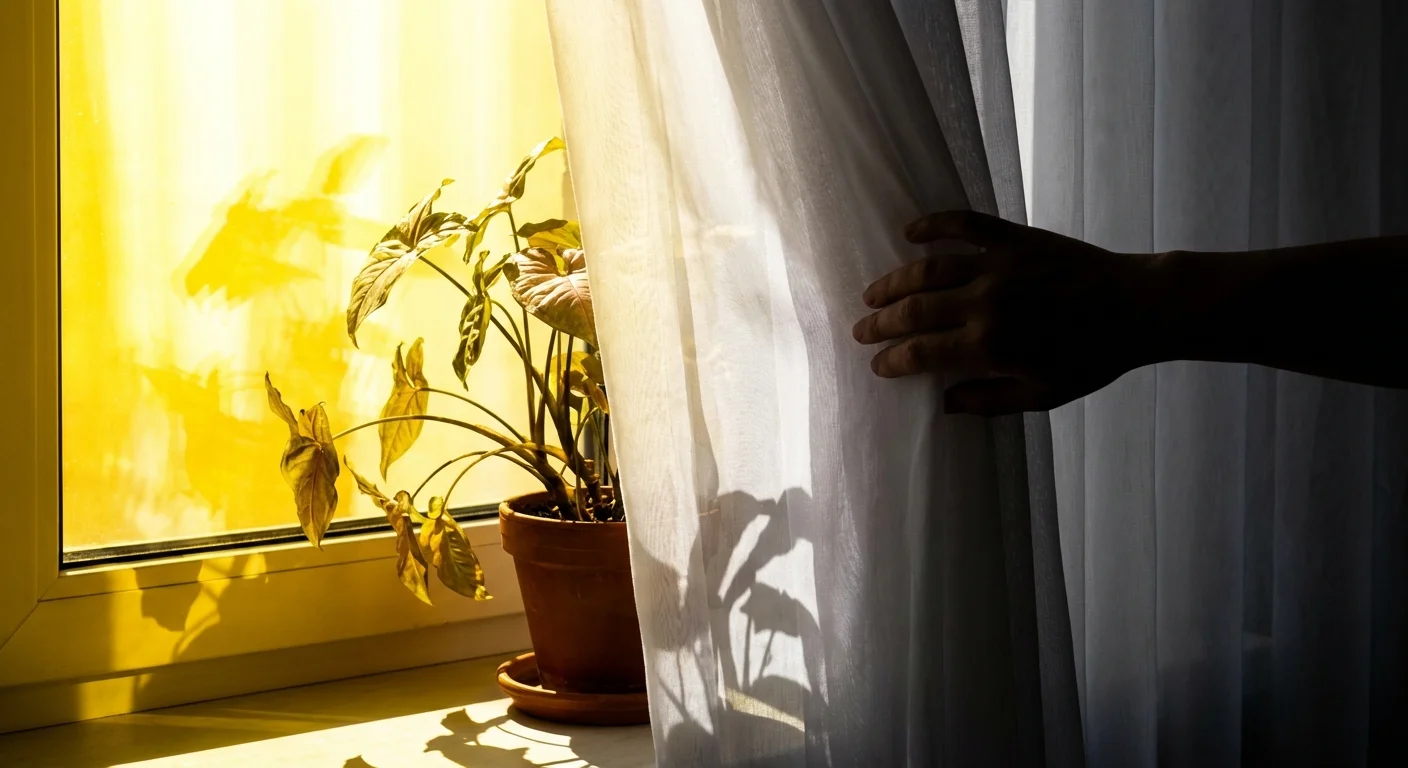 A person closing a curtain to protect a plant from direct, harsh sunlight.