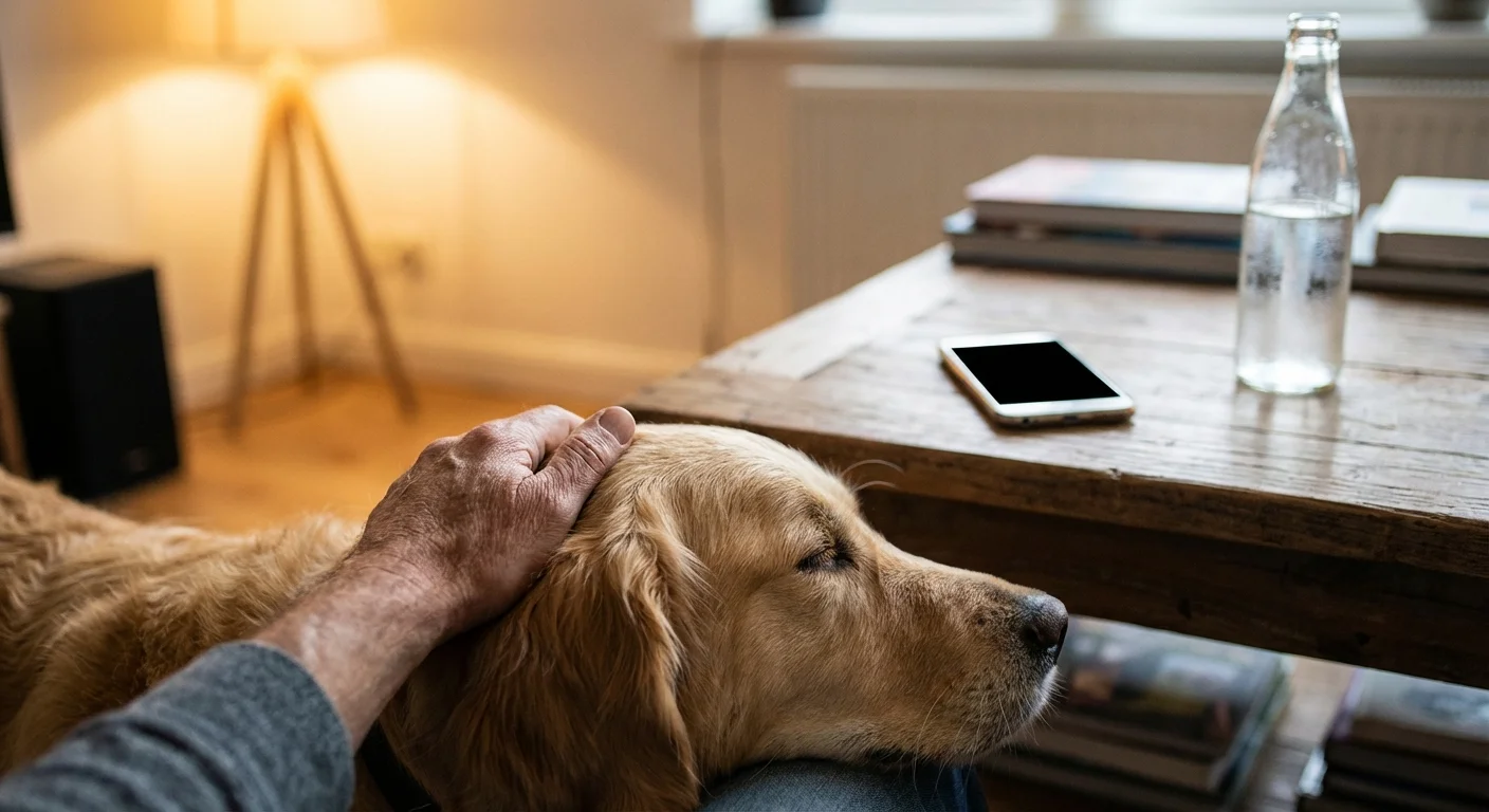 A person comforting their dog at home, suggesting a care-taking scenario.