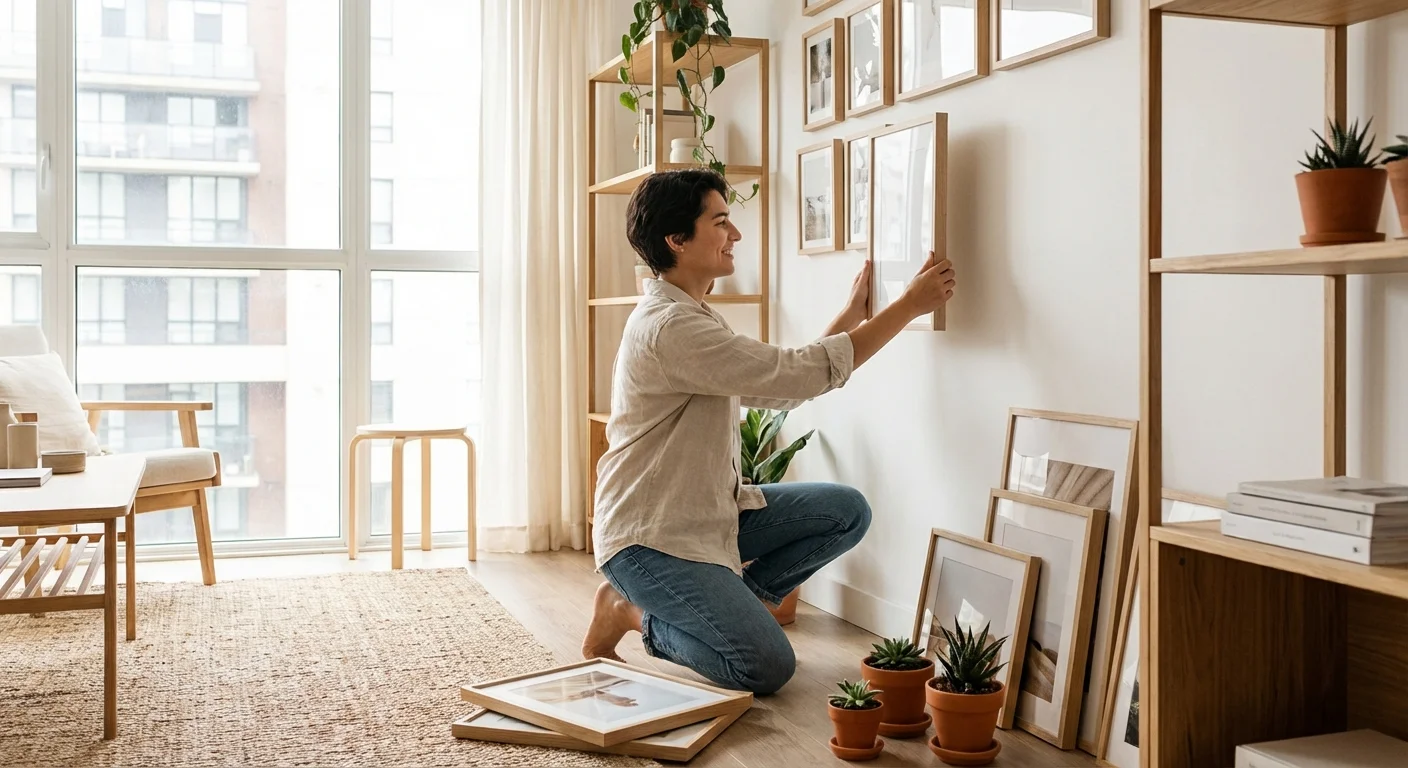 A person decorating a bright apartment wall with art and small plants.