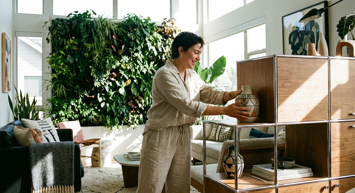 A person decorating a bright, plant-filled room with modern and colorful home accessories.