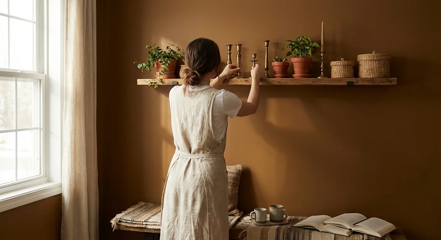 A person decorating a home interior with warm caramel-colored walls, focusing on personal style and earthy materials.