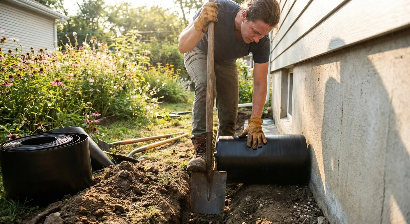 A person digging a narrow trench near a house foundation to install a root barrier.