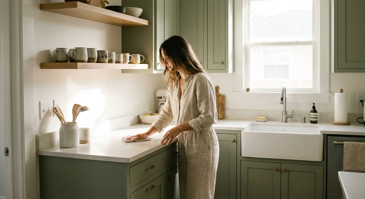 A person easily cleaning a beautiful, compact kitchen with natural light and green cabinets.