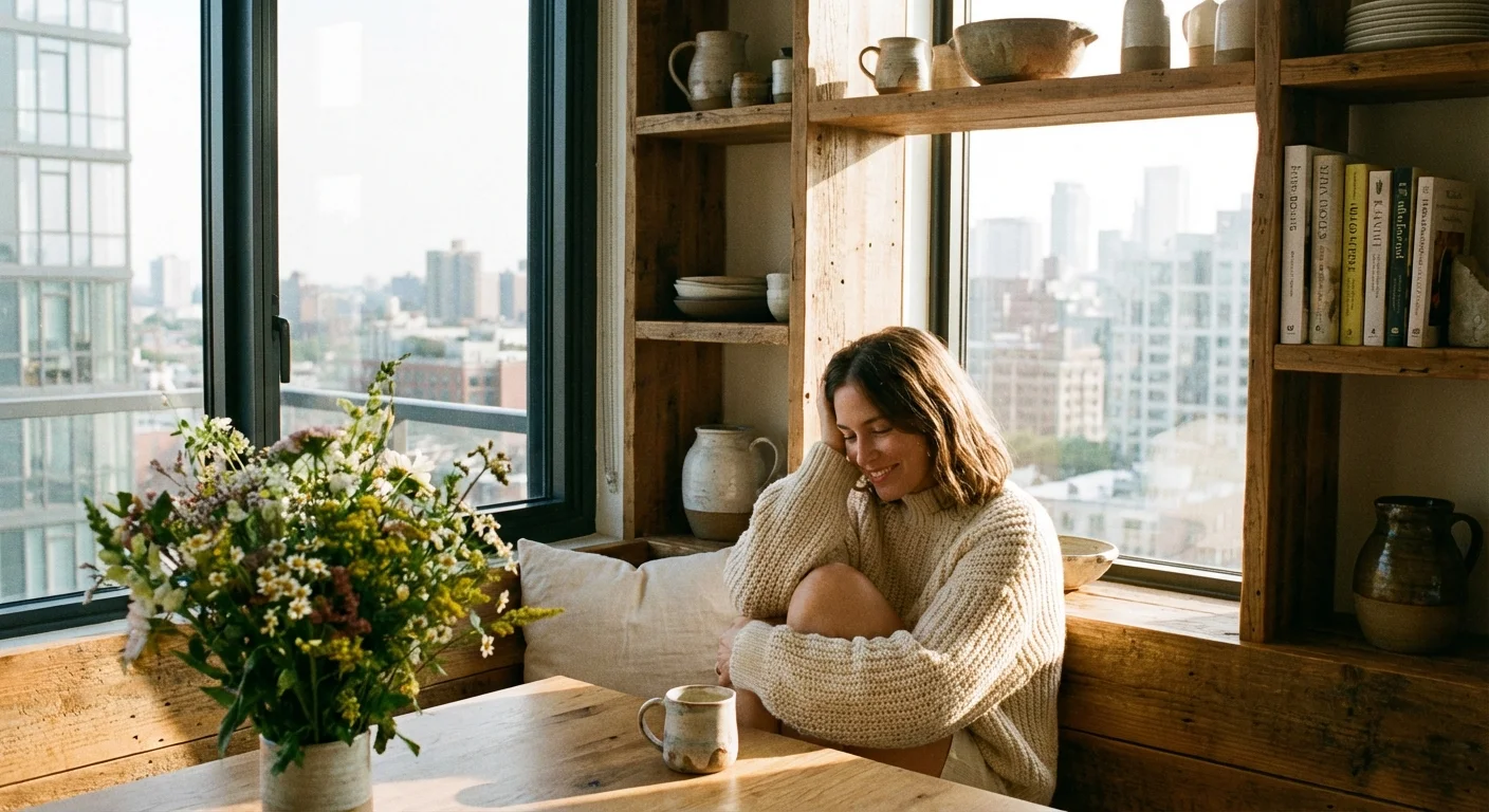 A person enjoying a quiet morning in a cottage-style breakfast nook in a city home.