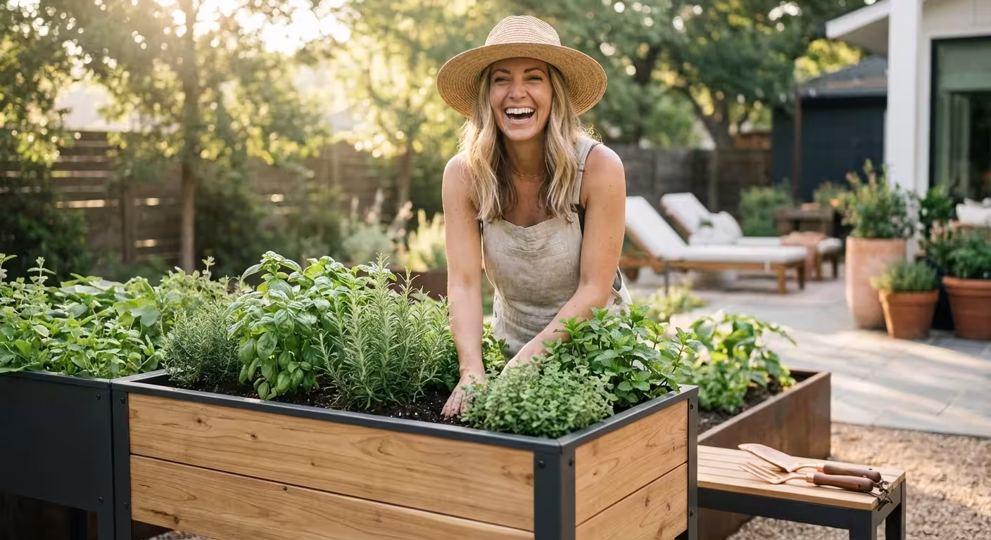 A person gardening in a modern raised bed filled with fresh herbs in a sunny, stylish backyard.
