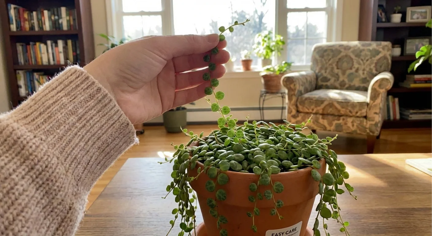 A person gently touching the healthy trailing vines of a String of Turtles houseplant.