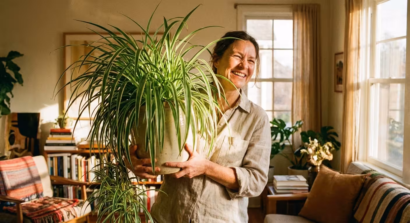 A person holding a flourishing spider plant, looking happy in a sunlit home.