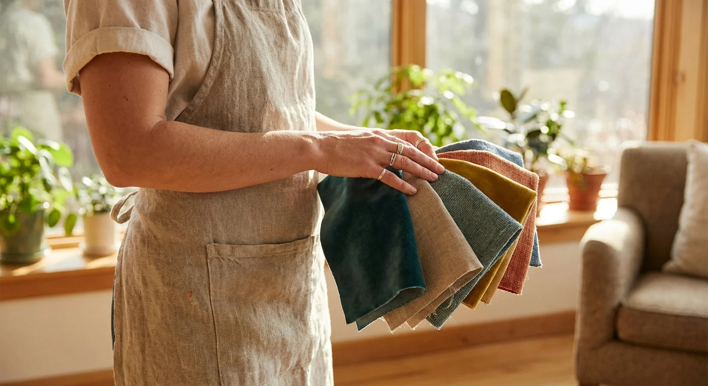A person holding different fabric swatches against a window to choose the best curtain material.