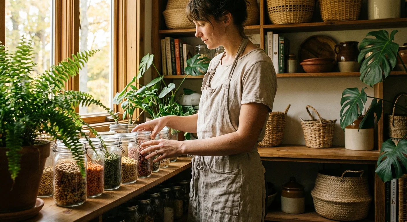 A person in a linen apron organizing glass jars in a bright, plant-filled pantry, capturing a sense of calm and preparation.