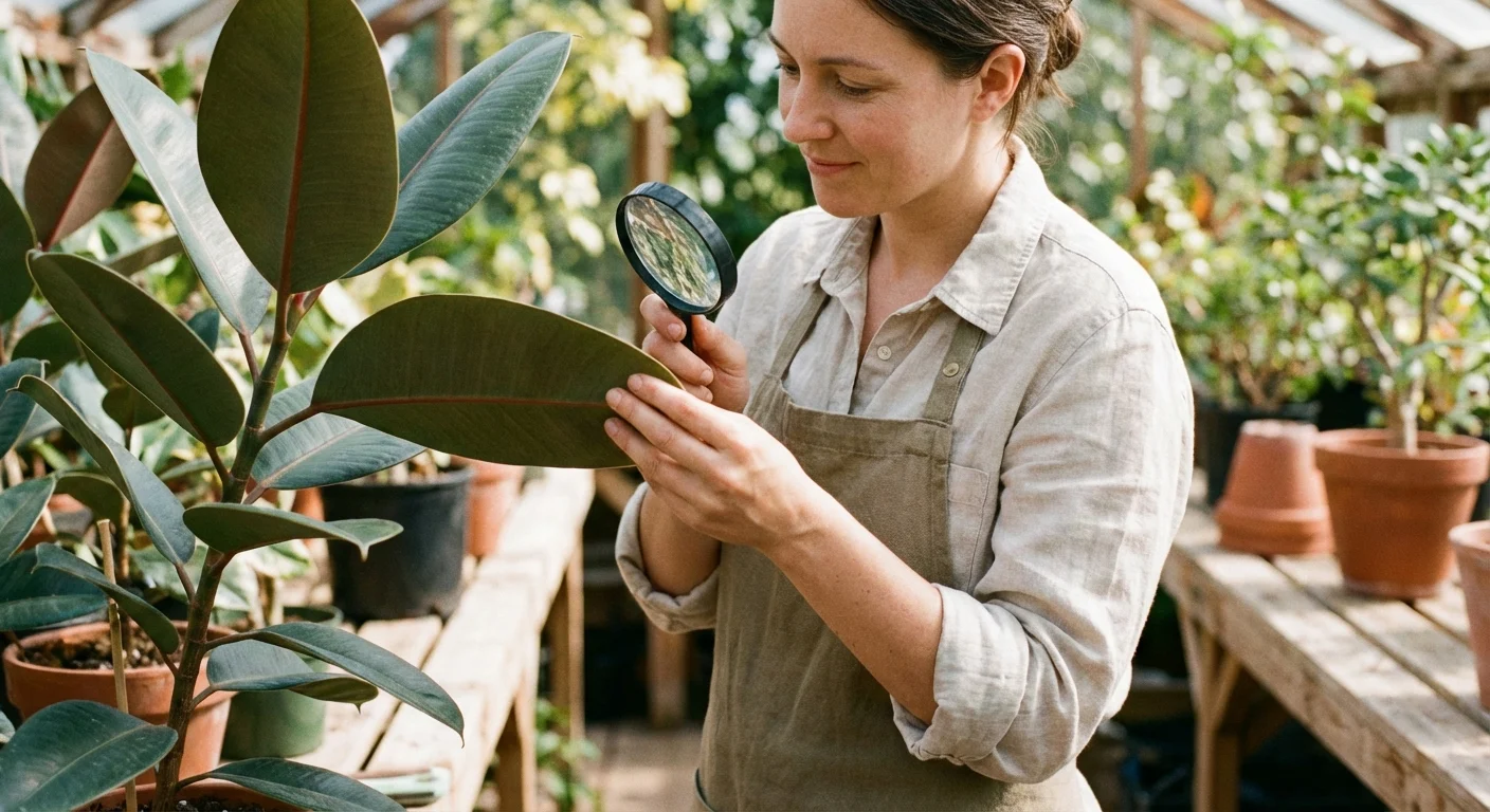 A person inspecting a plant leaf for signs of health issues.