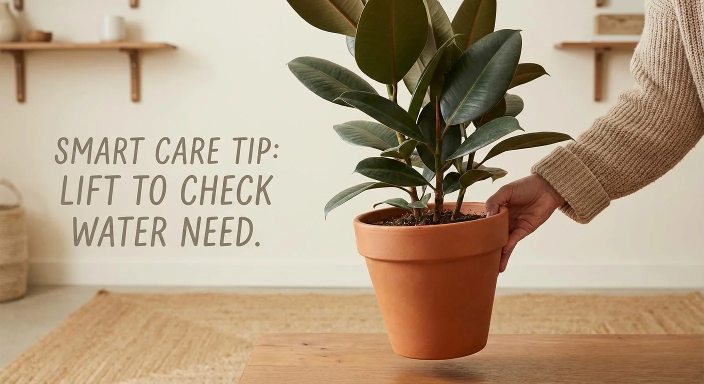 A person lifting a plant pot to check its weight for moisture levels.