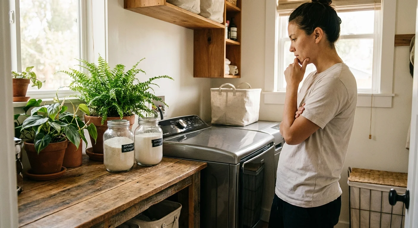 A person looking at a washing machine in a stylish, sunlit utility room with indoor plants.