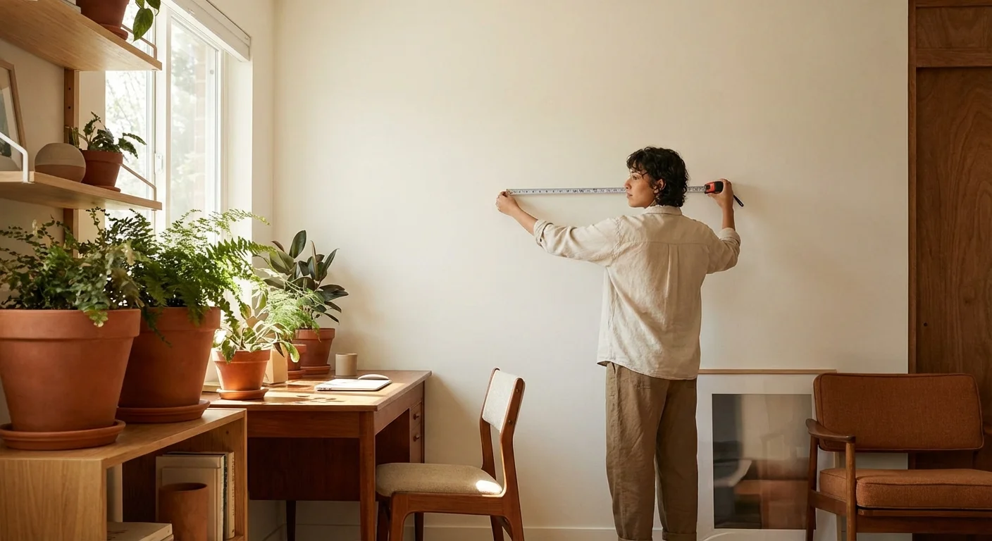 A person measuring a wall in a modern, plant-decorated room to plan for an air conditioner installation.