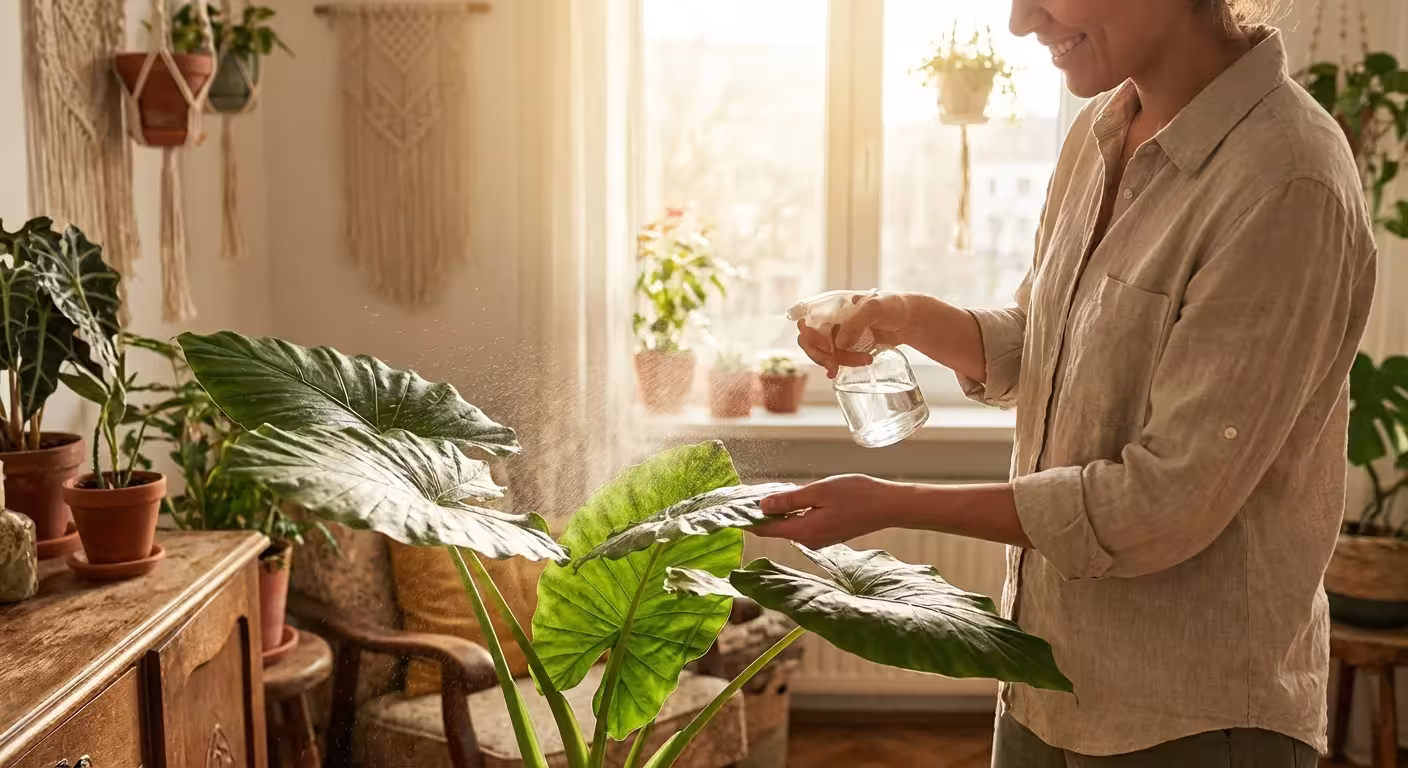 A person misting plant leaves with a glass sprayer in a bright room.