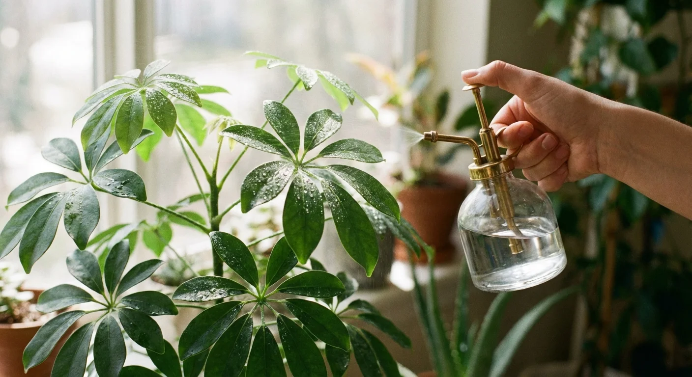 A person misting the green leaves of an Umbrella Plant with a water sprayer.