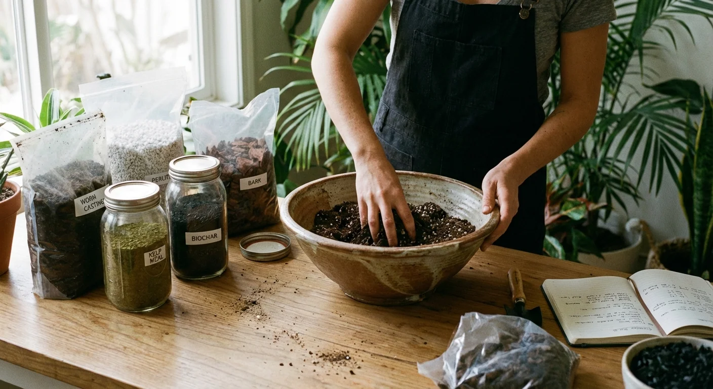 A person mixing potting soil in a ceramic bowl on a wooden table.
