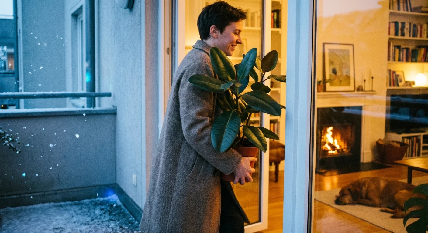 A person moving a potted rubber plant from a cold balcony into a warm house.